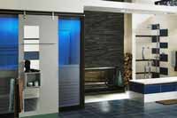 Cabine de sauna en verre et placage Weng� - �clairage led bleu